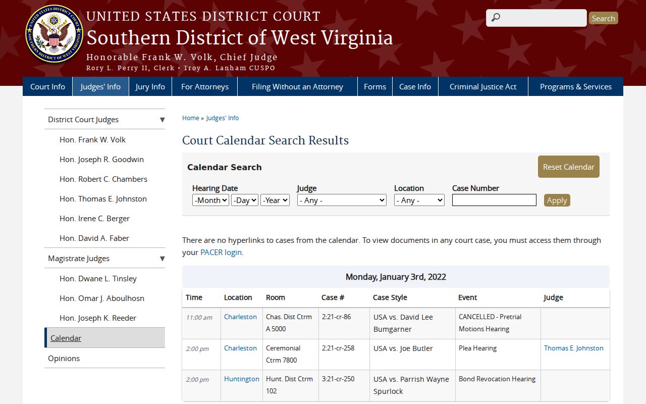 Wayne County court schedule fields in the official federal calendar search