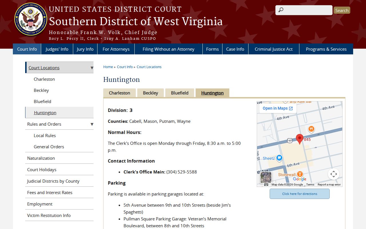 Wayne County Huntington federal court records location serving Wayne County